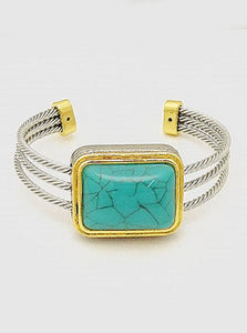 SILVER GOLD CUFF BANGLE SQUARE TURQUOISE STONE ( 870 BTQ )