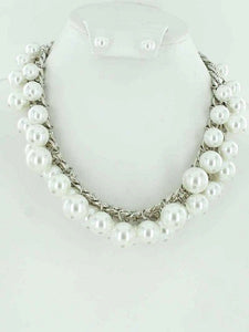 Silver Link Necklace with Dangling White Pearl Beads and Matching Stud Earrings