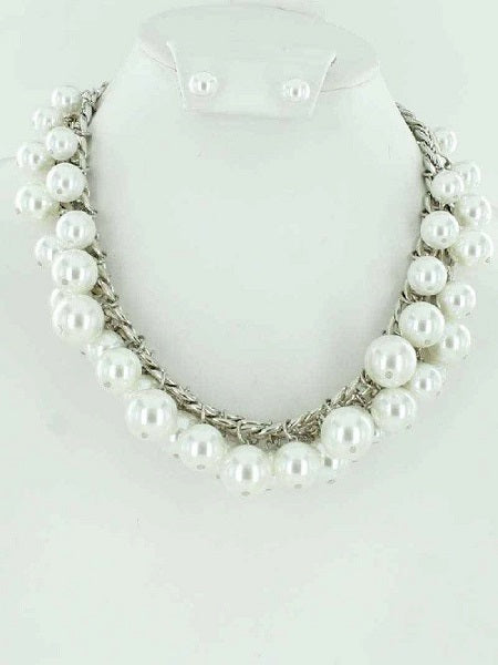 Silver Link Necklace with Dangling White Pearl Beads and Matching Stud Earrings