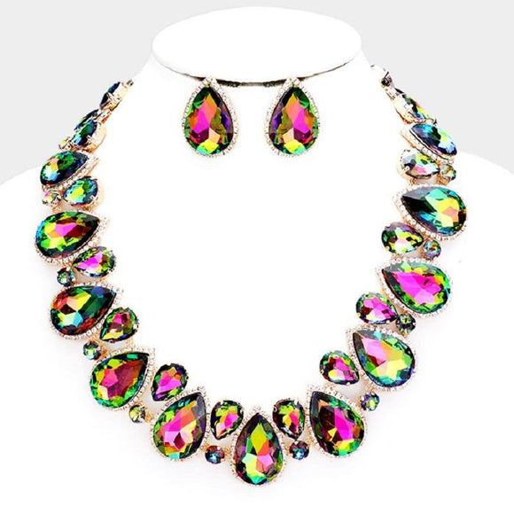 Green AB Teardrop Stones with Surrounding Clear Stones Formal Necklace Set with Gold Accents ( 2045 ) - Ohmyjewelry.com