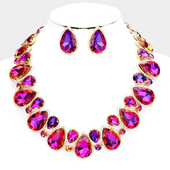Purple AB Teardrop Stones with Surrounding Clear Stones Formal Necklace Set with Gold Accents ( 2045 ) - Ohmyjewelry.com