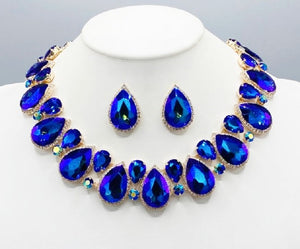BLUE AB Teardrop Stones Surrounding Clear Stones Formal Necklace Set GOLD Accents ( 2045 GDBLAB )