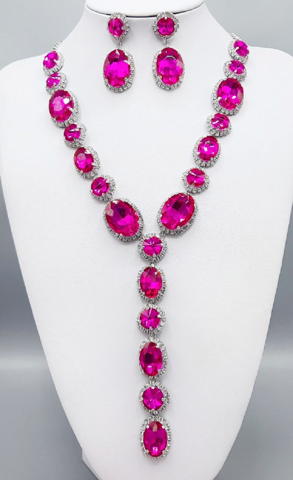LONG SILVER NECKLACE FUCHSIA CLEAR STONES MATCHING EARRINGS ( 2048 FUC )