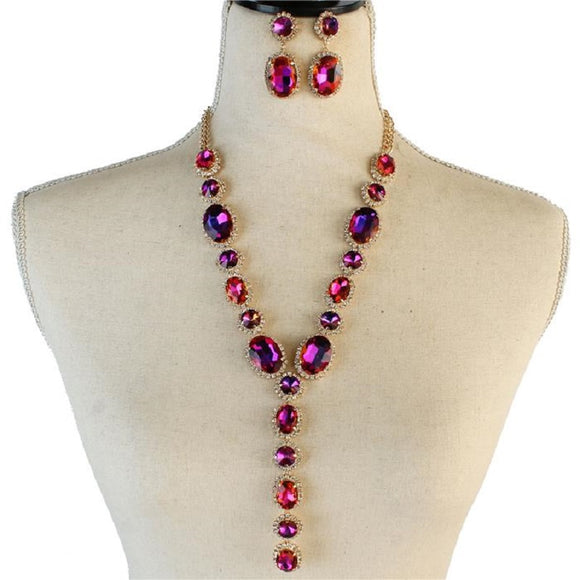 LONG GOLD NECKLACE WITH PURPLE AB & CLEAR OVAL STONES AND MATCHING EARRINGS ( 2048 PUAB )