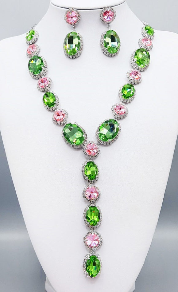 LONG SILVER NECKLACE SET PINK GREEN OVAL STONES ( 2048 GRNPK )