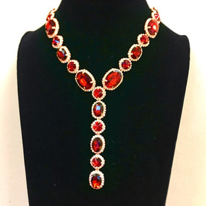 LONG GOLD NECKLACE RED CLEAR STONES MATCHING EARRINGS ( 2048 GDSIAM )