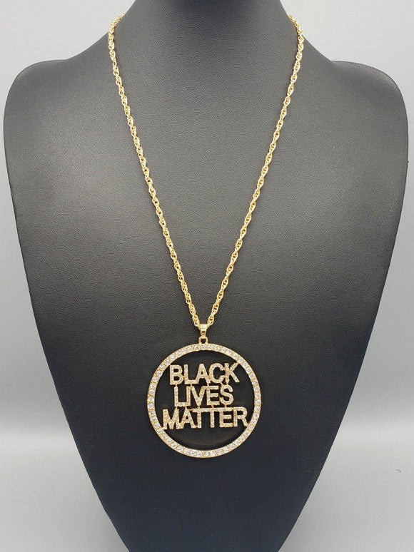 LONG GOLD NECKLACE CLEAR BLM BLACK LIVES MATTER PENDANT ( 3120 ) - Ohmyjewelry.com