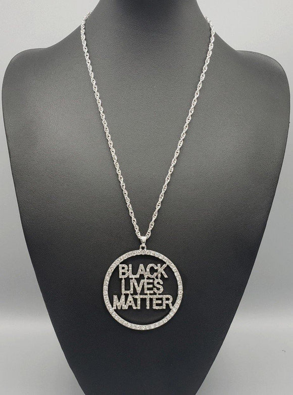 LONG SILVER NECKLACE CLEAR BLM BLACK LIVES MATTER PENDANT ( 3120 ) - Ohmyjewelry.com