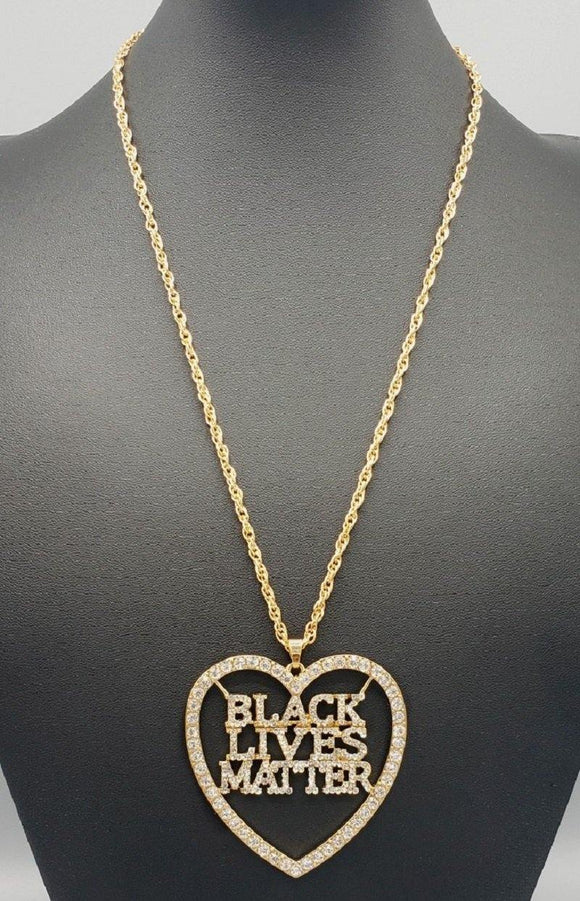 LONG GOLD HEART BLACK LIVES MATTER BLM CLEAR STONES ( 3121 ) - Ohmyjewelry.com