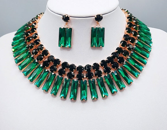 GOLD NECKLACE SET EMERALD GREEN STONES ( 3180 GDEM )