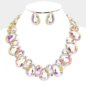AB Teardrop Stones with Surrounding Clear Stones Formal Necklace Set with Gold Accents ( 2045 ) - Ohmyjewelry.com