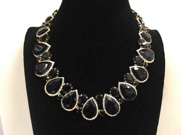 Black Teardrop Stones with Surrounding Clear Stones Formal Necklace Set with Gold Accents ( 2045 ) - Ohmyjewelry.com