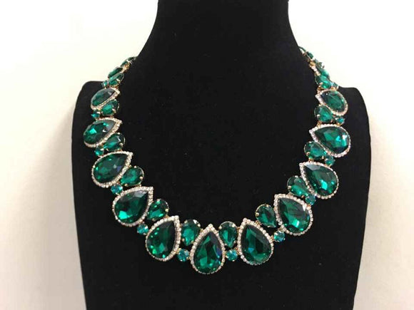 Emerald Green Teardrop Stones with Surrounding Clear Stones Formal Necklace Set with Gold AccentsEm ( 2045 )