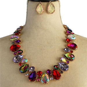 Multi Color Teardrop Stones with Surrounding Clear Stones Formal Necklace Set with Gold Accents ( 2045 ) - Ohmyjewelry.com