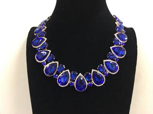 Royal Blue Teardrop Stones with Surrounding Clear Stones Formal Necklace Set with Hematite Accents ( 2045 )