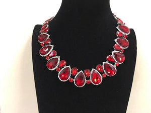 Red Teardrop Stones with Surrounding Clear Stones Formal Necklace Set with Gold Accents ( 2045 ) - Ohmyjewelry.com