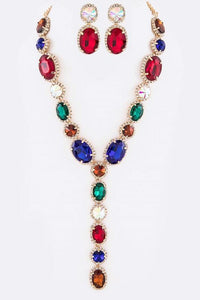 Multi Color Oval and Round Y Drop Necklace Set with Gold Hardware ( 2048 GDLMT ) - Ohmyjewelry.com