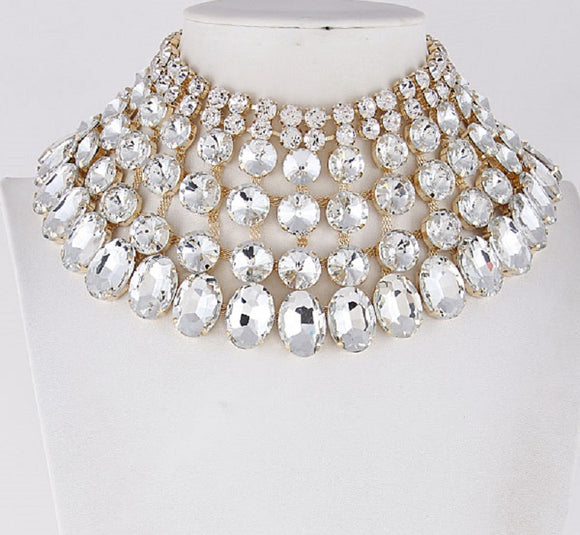 Gold and Large Clear Stone Bib Style Evening Necklace Set ( 2062 GCL )