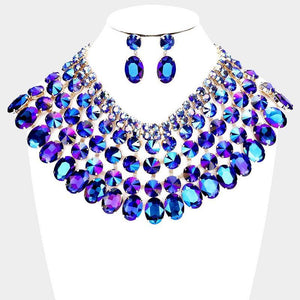 Gold and Large Blue AB Stone Bib Style Evening Necklace Set ( 2062 ) - Ohmyjewelry.com