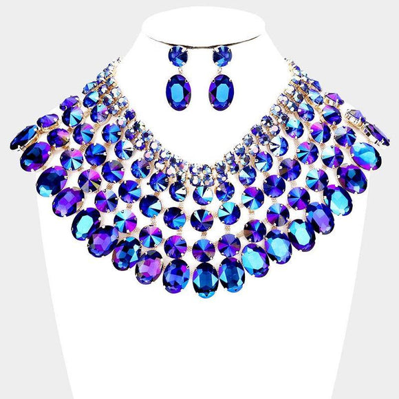 Gold and Large Blue AB Stone Bib Style Evening Necklace Set ( 2062 ) - Ohmyjewelry.com