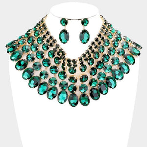 Gold and Large Green Stone Bib Style Evening Necklace Set ( 2062 EM ) - Ohmyjewelry.com