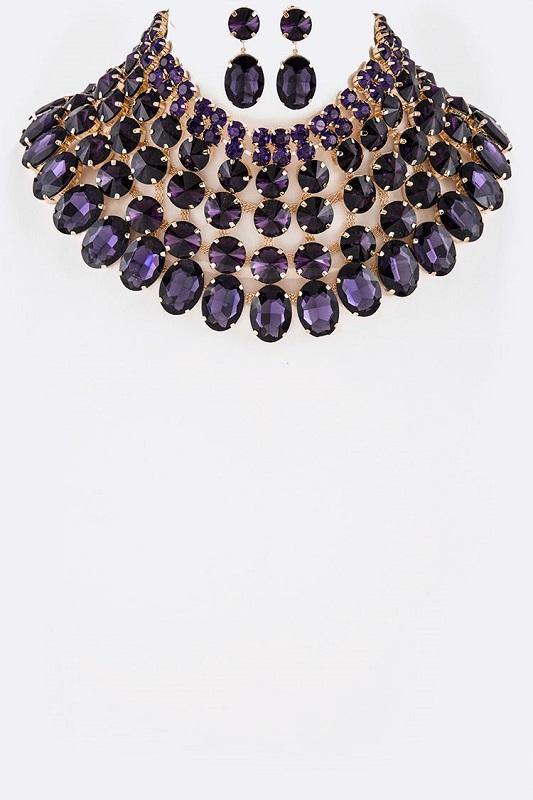 Gold and Large Purple Stone Bib Style Evening Necklace Set ( 2062 ) - Ohmyjewelry.com