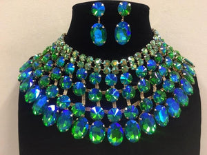 Imitating Gold and Large Green AB Stone Bib Style Evening Necklace Set ( 2062 GRNAB ) - Ohmyjewelry.com