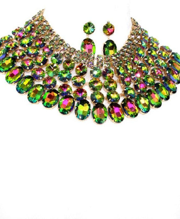 Gold and Large Green Fuchsia Pink Stone Bib Style Evening Necklace Set ( 2062 GDRBAB ) - Ohmyjewelry.com