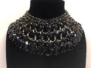 Gold and Large Jet Black Stone Bib Style Evening Necklace Set ( 2062 ) - Ohmyjewelry.com