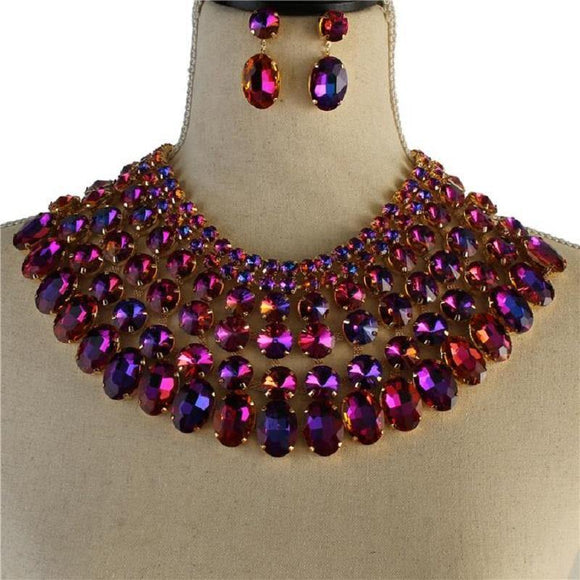 Gold and Large Pinkish Purple AB Stone Bib Style Evening Necklace Set ( 2062 PUAB ) - Ohmyjewelry.com