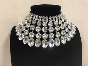 Silver and Large Clear Stone Bib Style Evening Necklace Set ( 2062 RHCL ) - Ohmyjewelry.com