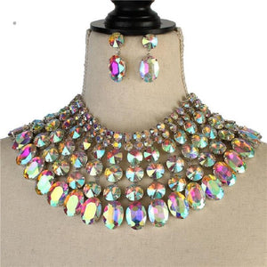 Silver and Large AB Stone Bib Style Evening Necklace Set ( 2062 RHAB ) - Ohmyjewelry.com