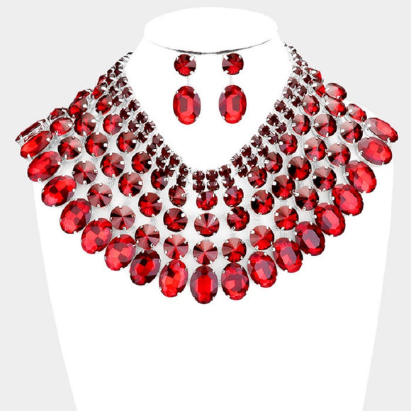 SILVER and Large RED Stone Bib Style Evening Necklace Set ( 2062 RHRD)
