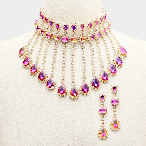 Gold Necklace Choker with Purple AB Crystal Drop and Matching Earrings ( 2065 GDPUAB)