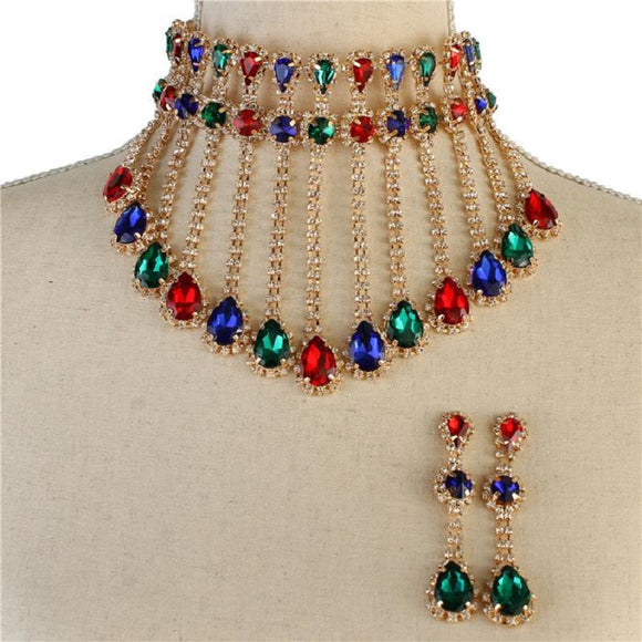 Gold Necklace Choker with Multi Color Crystal Drop and Matching Earrings ( 2065 DGMT)