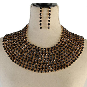 Gold Black Multi Layer Rhinestone Bib Style Statement Necklace Set ( 3001 GDJET ) - Ohmyjewelry.com