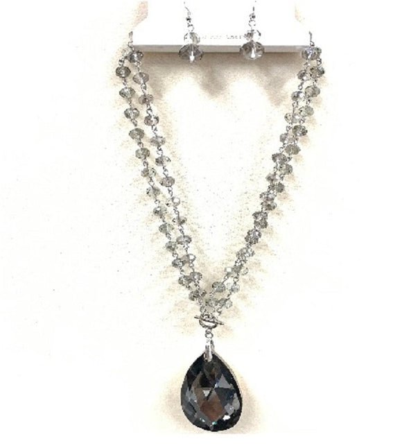 Silver Hardware Black Diamond Beaded Necklace Set with Teardrop Pendant ( BKDIA )
