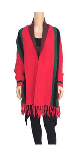 RED AND GREEN STRIPED RED FRINGE SHAWL ( 0032 RD ) - Ohmyjewelry.com