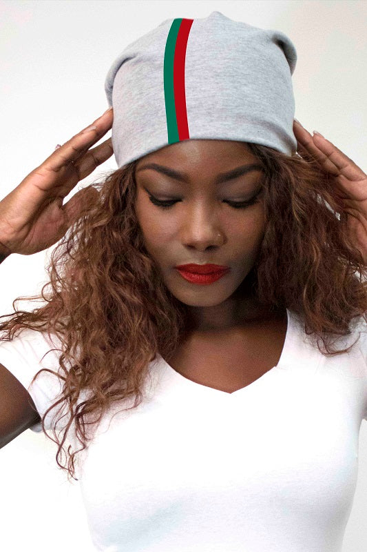 Gray with Green and Red Stripe Beanie Hat Lined with Satin ( 7002 )