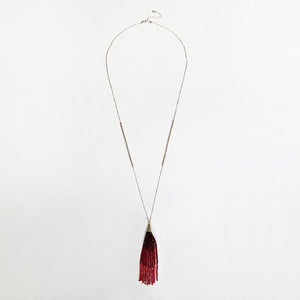 Tri Color Red Crystal Beaded Tassel Gold Necklace