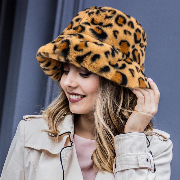 LEOPARD PRINT FAUX FUR BUCKET HAT ( 2869 )