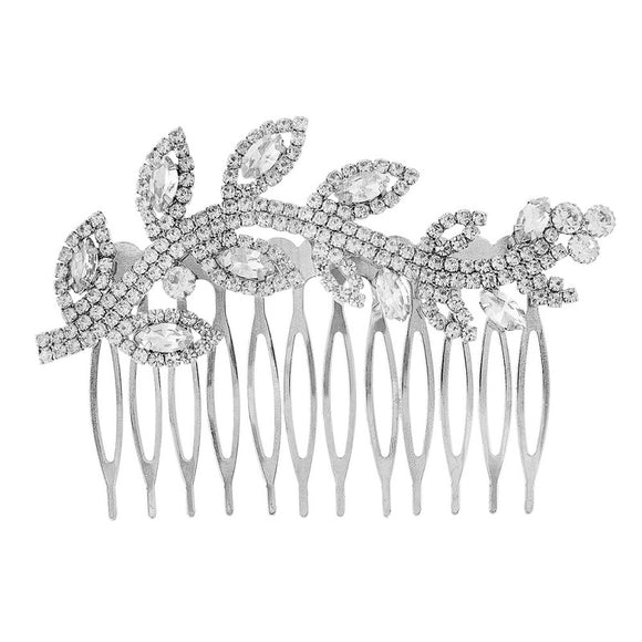 SILVER FLORAL HAIR COMB CLEAR STONES