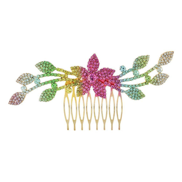 GOLD RAINBOW STONE FLOWER HAIR COMB ( 2548 MU ) - Ohmyjewelry.com