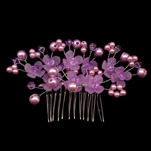 SILVER PURPLE FLOWER HAIR COMB PEARLS  ( 11697 RLV )