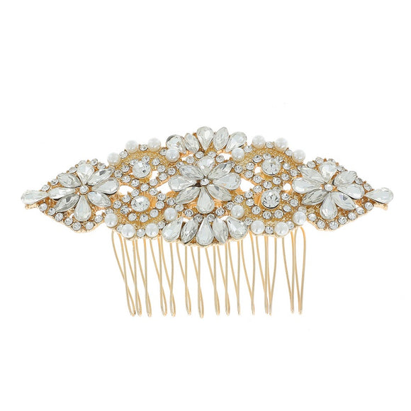 GOLD HAIR COMB CLEAR STONES CREAM PEARLS