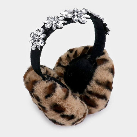 BROWN LEOPARD PRINT FAUX FUR EARMUFF WITH CLEAR STONES ( 1061 ) - Ohmyjewelry.com