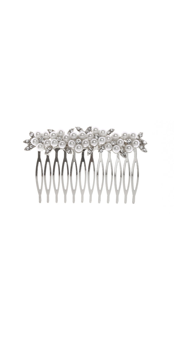 SILVER HAIR COMB CLEAR STONES WHITE PEARLS ( 40890 CLSV )