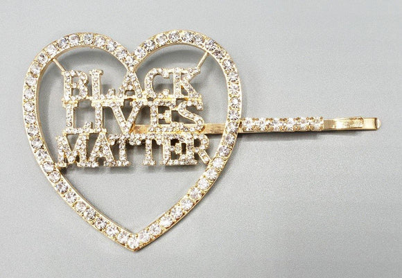GOLD CLEAR STONES HEART BLACK LIVES MATTER HAIR PIN ( 6088 ) - Ohmyjewelry.com