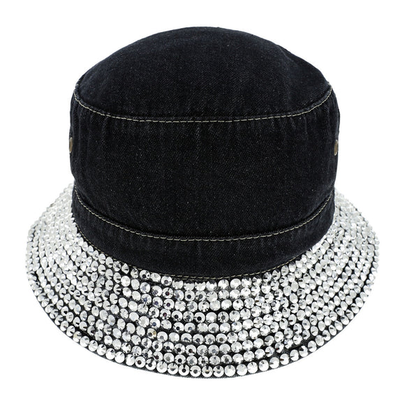 BLACK SILVER FASHION BLING RHINESTONE DENIM BUCKET HAT ( 2556 BK )