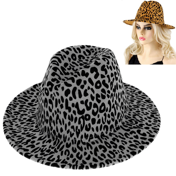 GREY CHEETAH PRINT WIDE BRIM FEDORA HAT